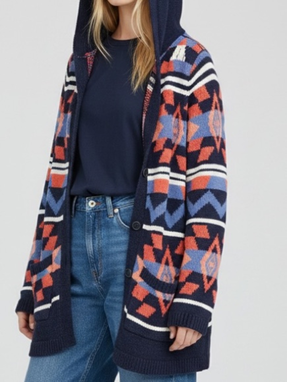 Southwestern Cowgirl Western Hoodie Chunky Long Cardigan Sweater Navy Blue